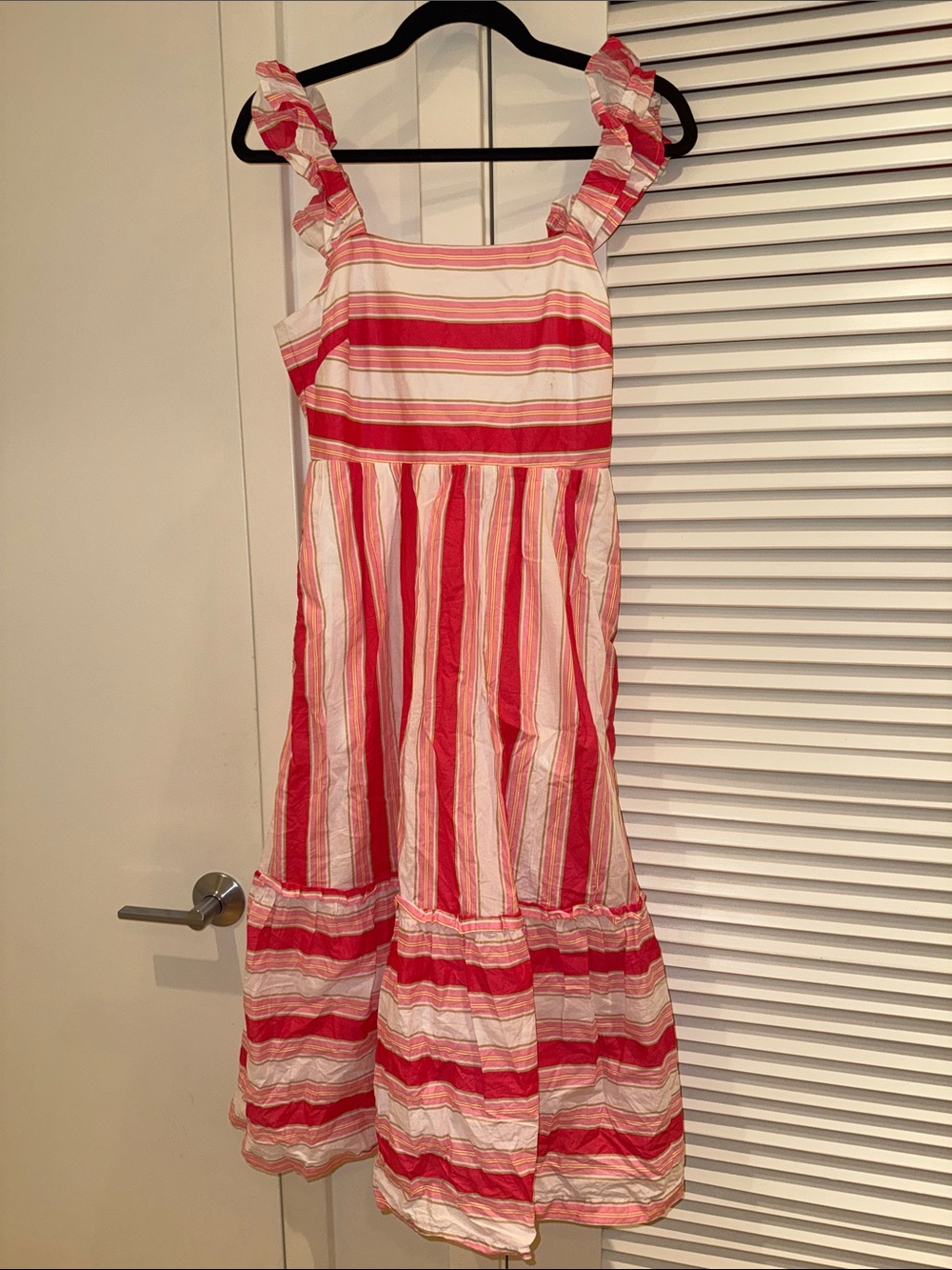 J. Crew Pink and White Striped Ruffle-Shoulder Sundress